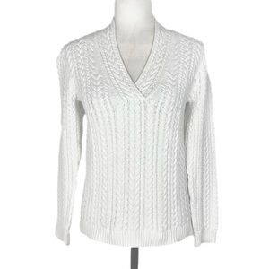 White v-neck cable-knit sweater